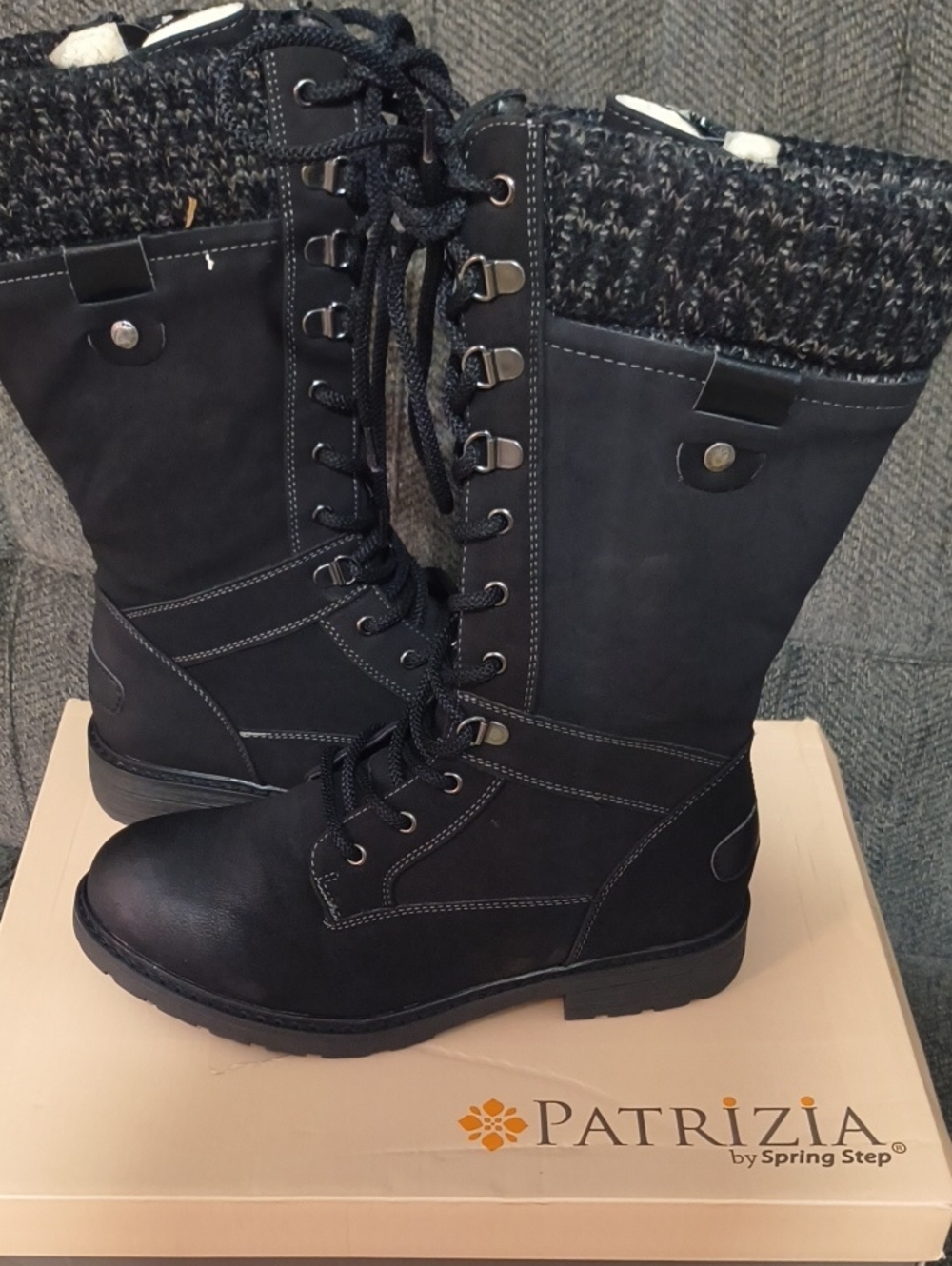 Patrizia Black Lace-Up Knit Cuff Women's Boots